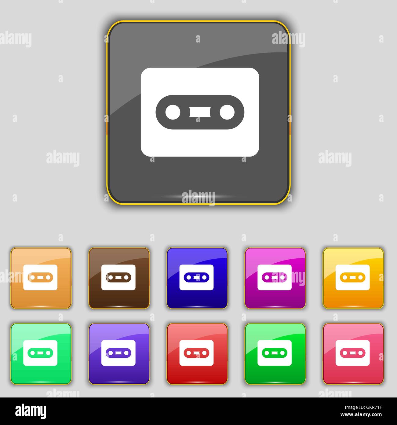 Kassette Symbol Zeichen. Set mit elf farbigen Buttons für Ihre Website. Vektor Stock Vektor