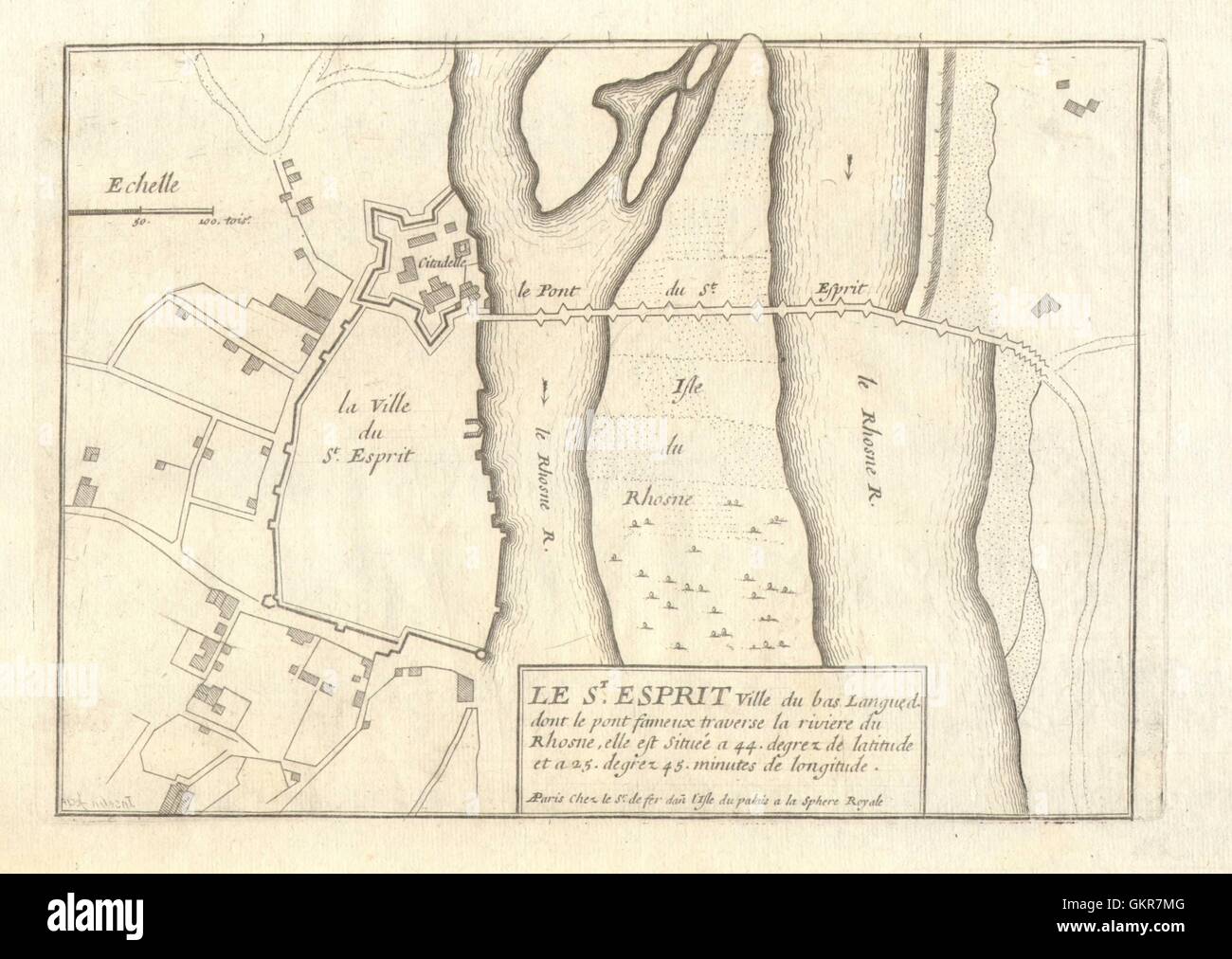 "Le St. Esprit". Pont-Saint-Esprit, Gard. Plan der Stadt. DE FER Karte 1705 alt Stockfoto