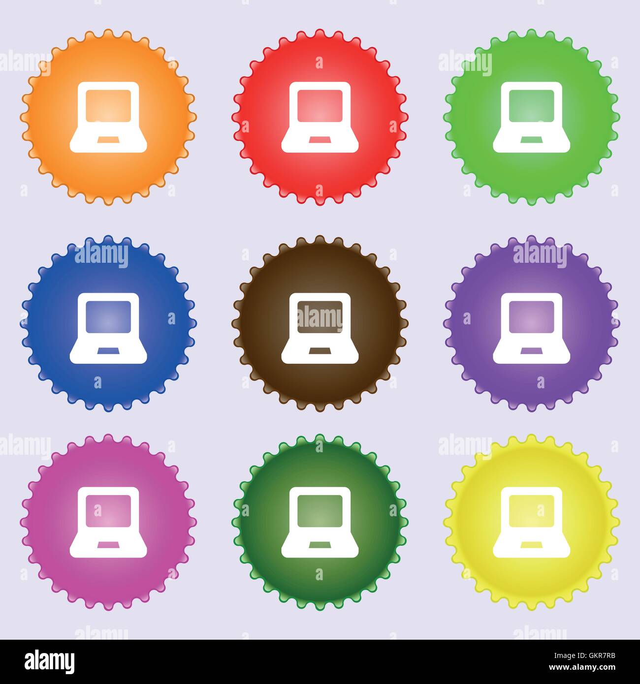 Laptop-Symbol Zeichen. Eine Reihe von neun verschiedenen farbigen Etiketten. Vektor Stock Vektor