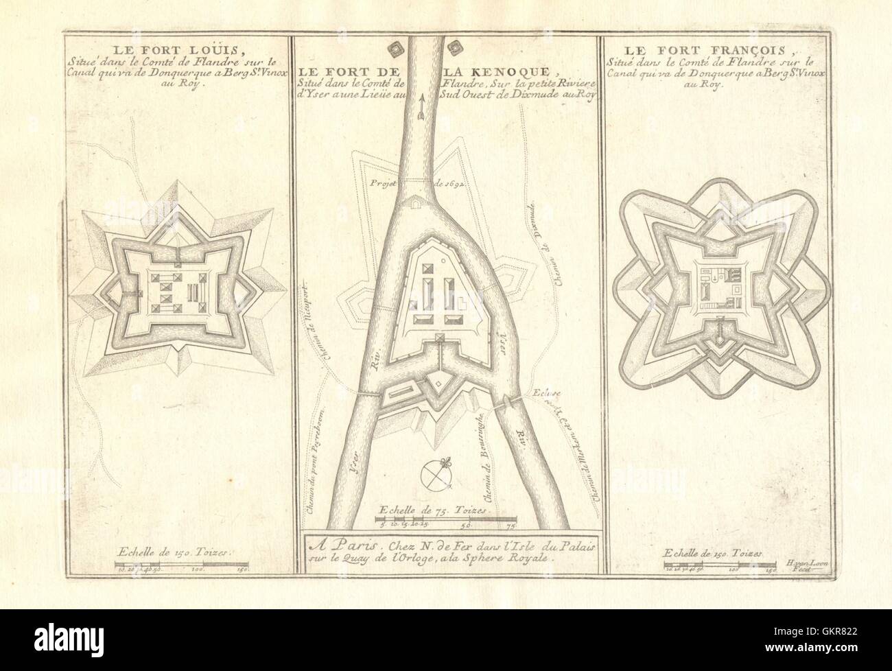 Festungen Louis Kenoque Knokke St-François Vallières Dünkirchen Diksmuide. FER 1705 Karte Stockfoto