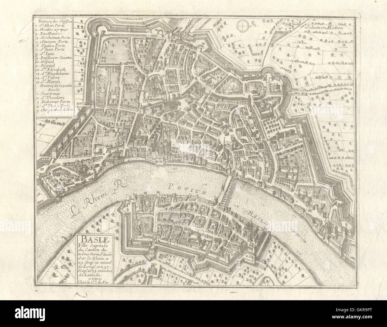 "Basel". Basel. Plan der Stadt & Befestigungsanlagen. Schweiz. DE FER 1705 Karte Stockfoto