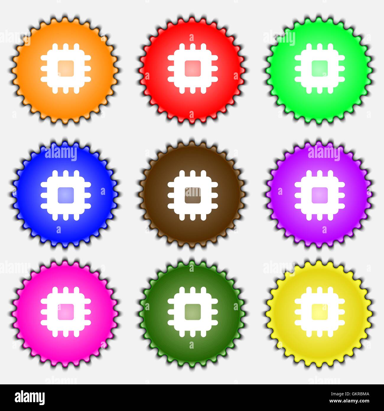 Central Processing Unit Symbol Zeichen. Eine Reihe von neun verschiedenen farbigen Etiketten. Vektor Stock Vektor