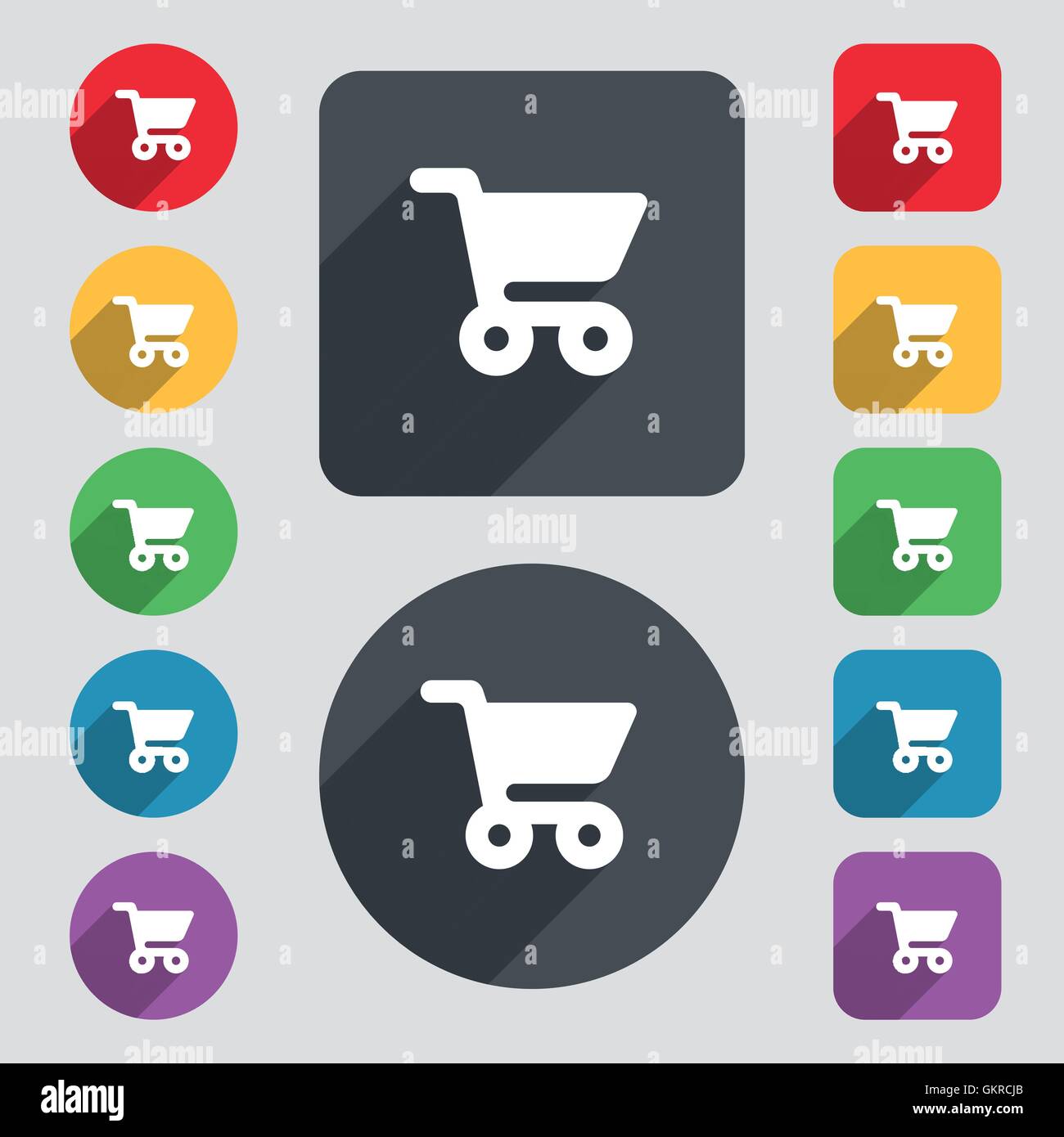 Shopping Warenkorb Symbol Zeichen. Ein Satz von 12 farbige Tasten und einen langen Schatten. Flaches Design. Vektor Stock Vektor
