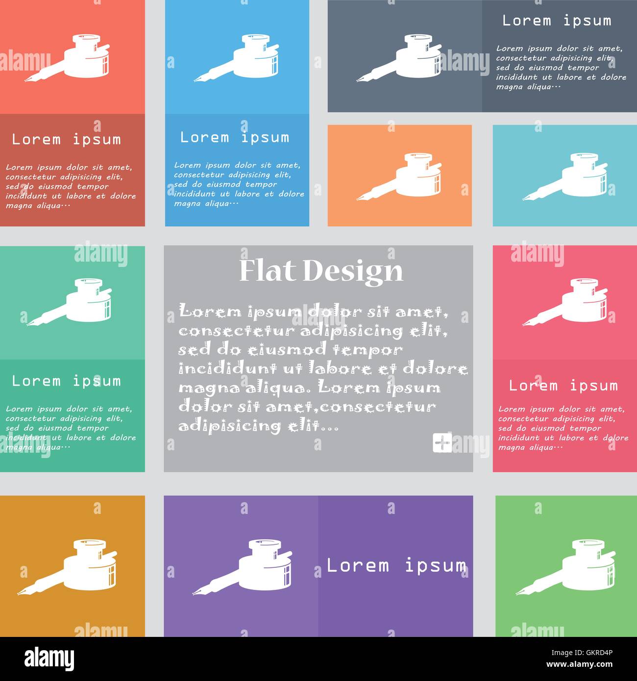 Feder und Tinte Symbol Zeichen. Reihe von bunten Tasten mit Platz für Text. Vektor Stock Vektor