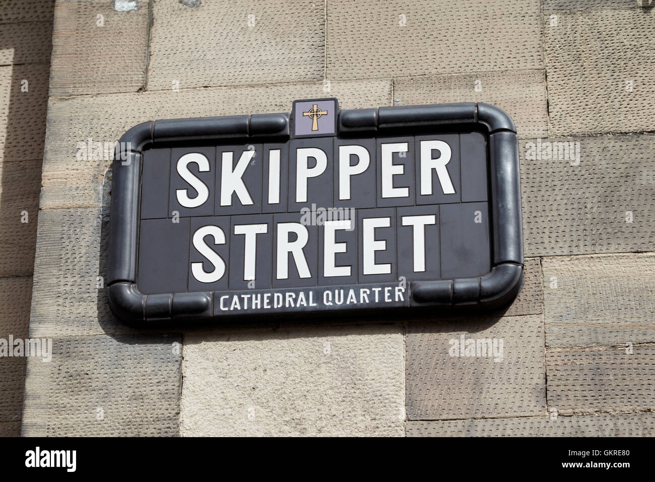 Kathedrale Quartal Typenschild für Skipper Street eine der ältesten Straßen von Städten Stockfoto