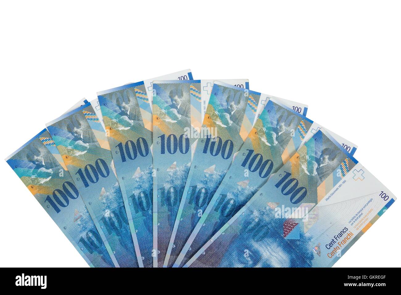 Banknoten zu 100 Franken isoliert auf weißem Hintergrund mit Beschneidungspfad Stockfoto