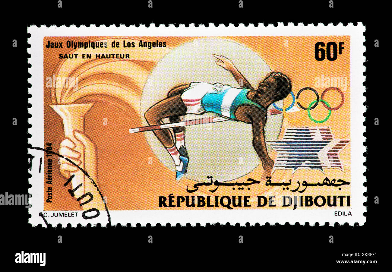 Briefmarke aus Dschibuti Darstellung ein Hochspringer, ausgestellt für den Olympischen Spielen 1984 in Los Angeles, Kalifornien. Stockfoto
