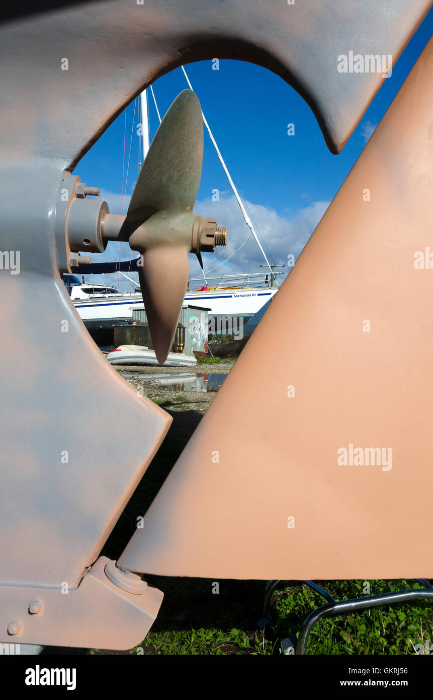 Propeller und Ruder der Yacht, Waitapu Wharf, Takaka, Tasman District, Südinsel, Neuseeland Stockfoto