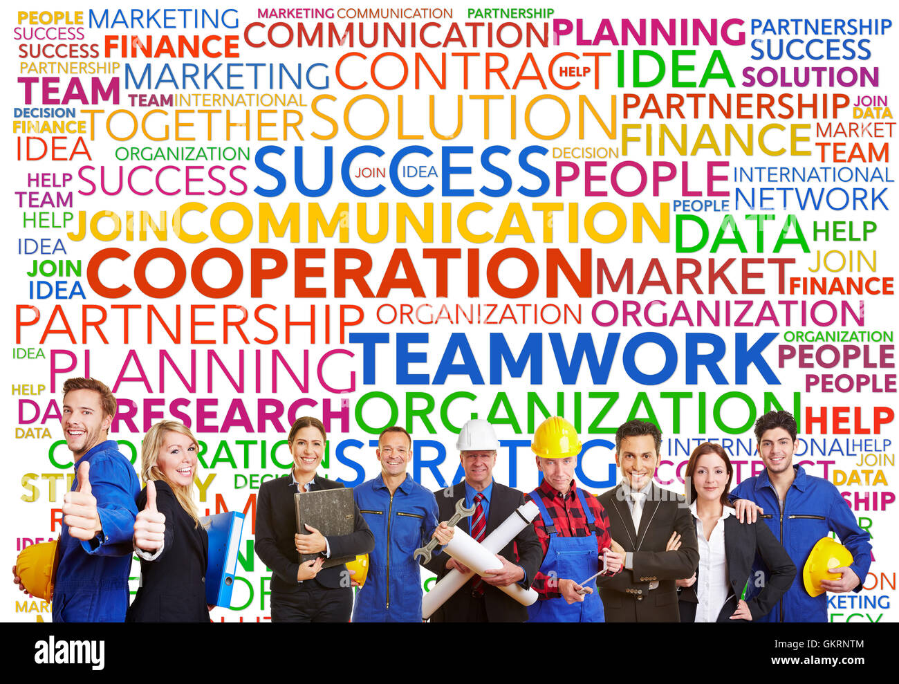 Teamarbeit-Tag-Cloud mit verschiedenen Arbeiter und Ingenieure Stockfoto