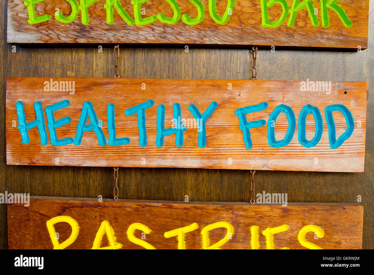 Gesunde Ernährung Holz Schild Stockfoto