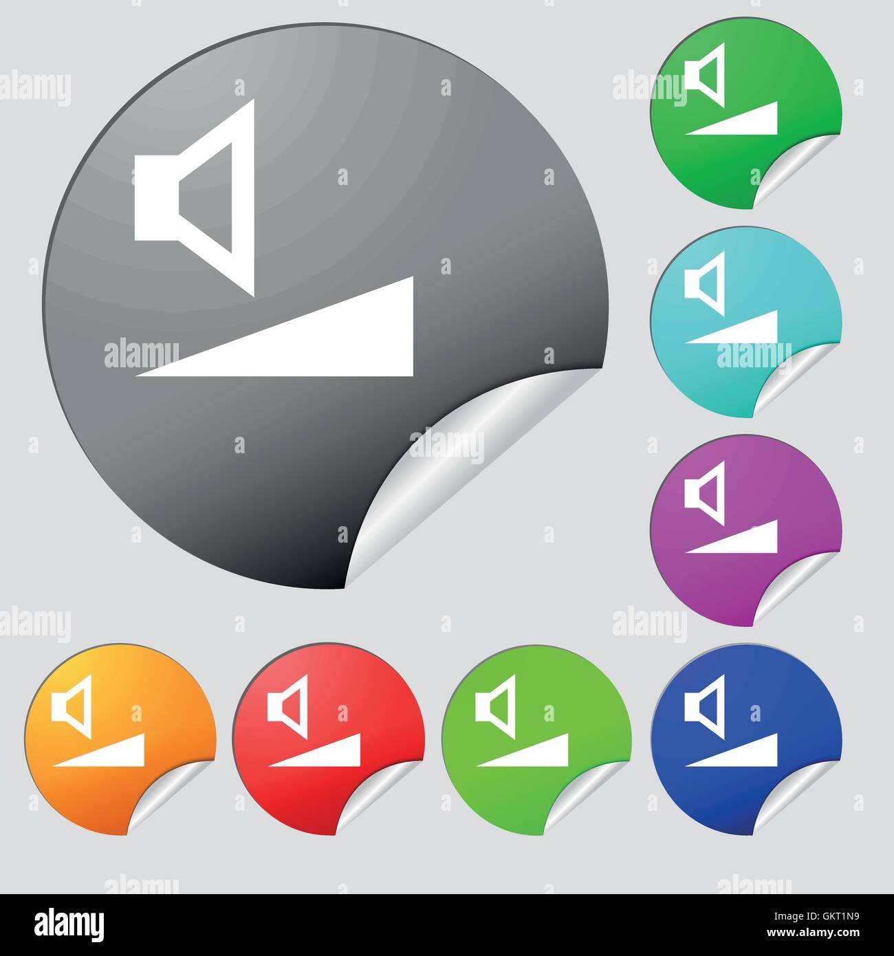 Volume, sound-Symbol Zeichen. Satz von acht Multi farbige Runde Buttons, Aufkleber. Vektor Stock Vektor