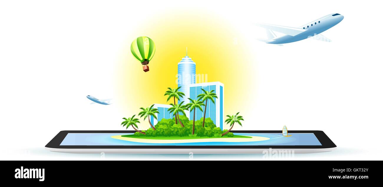 Green Palm Island mit modernen Hotel Stock Vektor