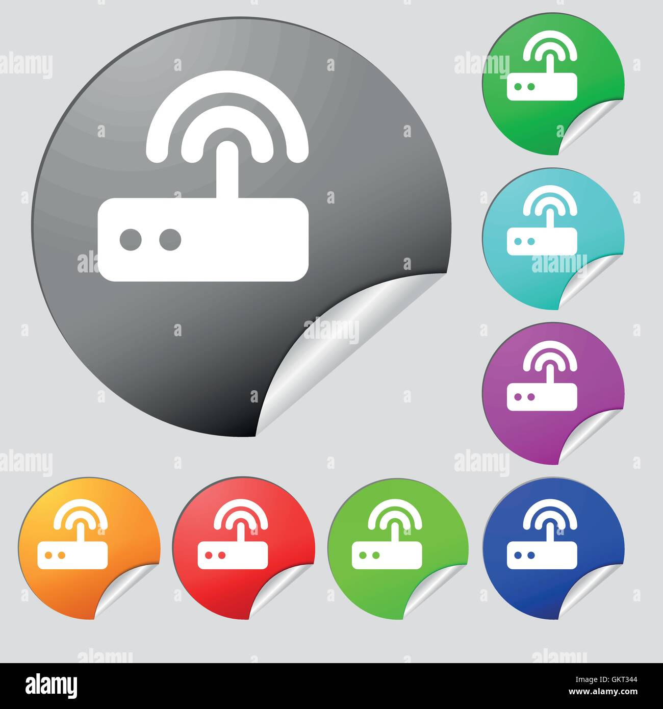 Wi-Fi Router Symbol Zeichen. Satz von acht Multi farbige Runde Buttons, Aufkleber. Vektor Stock Vektor