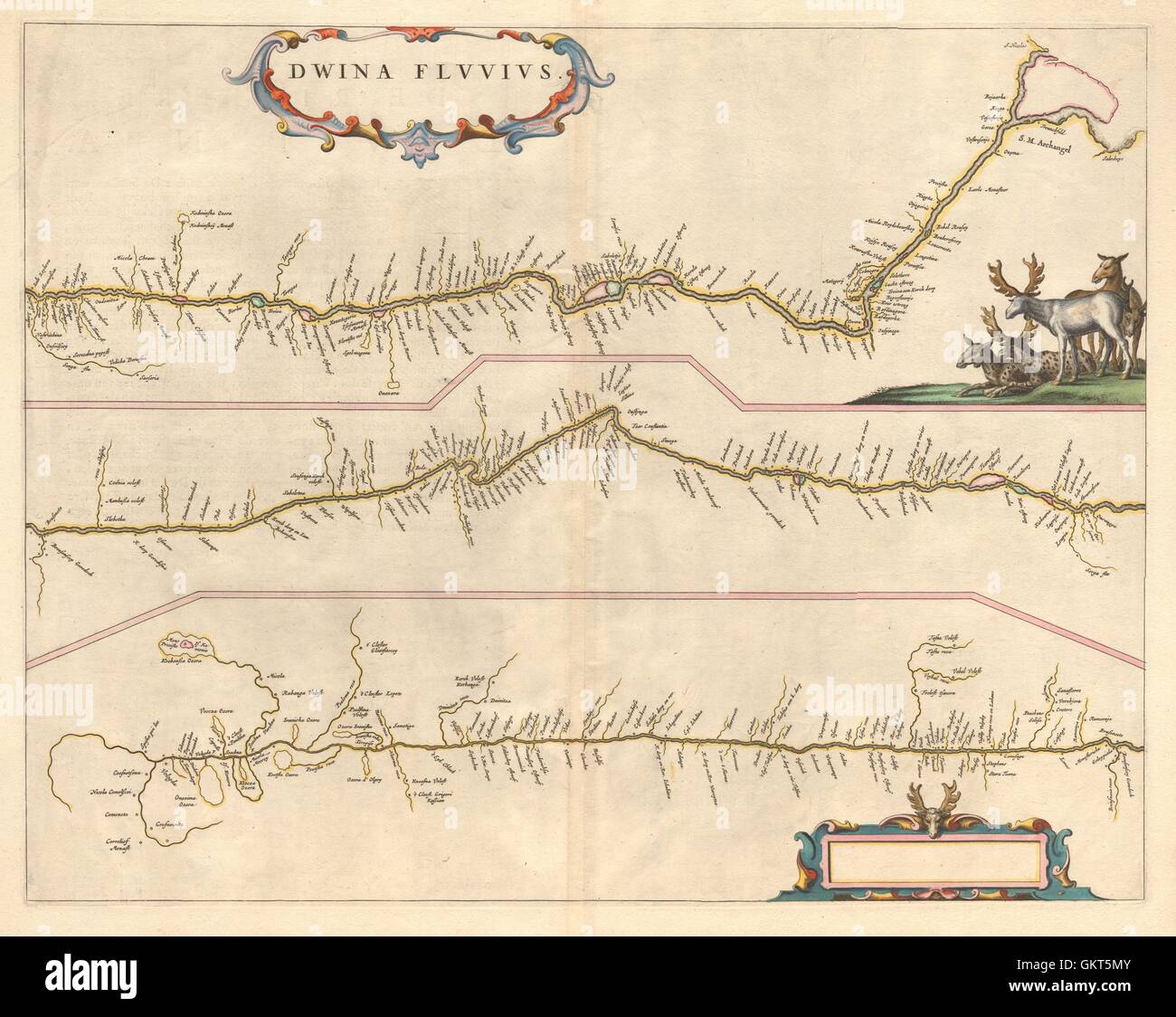 "Dwina Fluvius". Nördliche Dwina, Russland. Erzengel. BLAEU, alte Landkarte c1660 Stockfoto