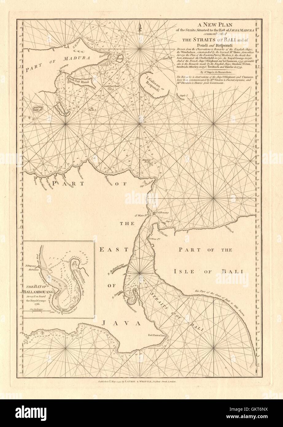 "Die Meerenge... in den Osten von Java". Bali-Straße. LAURIE & WHITTLE, 1794 Karte Stockfoto
