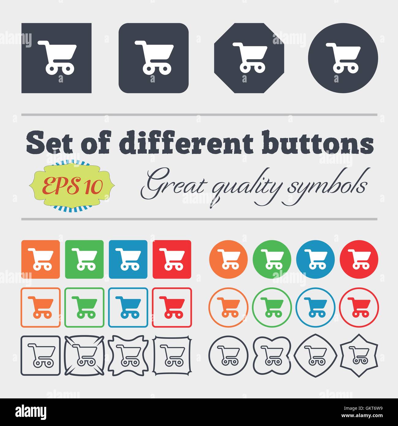 Shopping Warenkorb Symbol Zeichen. Große Reihe von bunten, vielfältigen und qualitativ hochwertigen Tasten. Vektor Stock Vektor