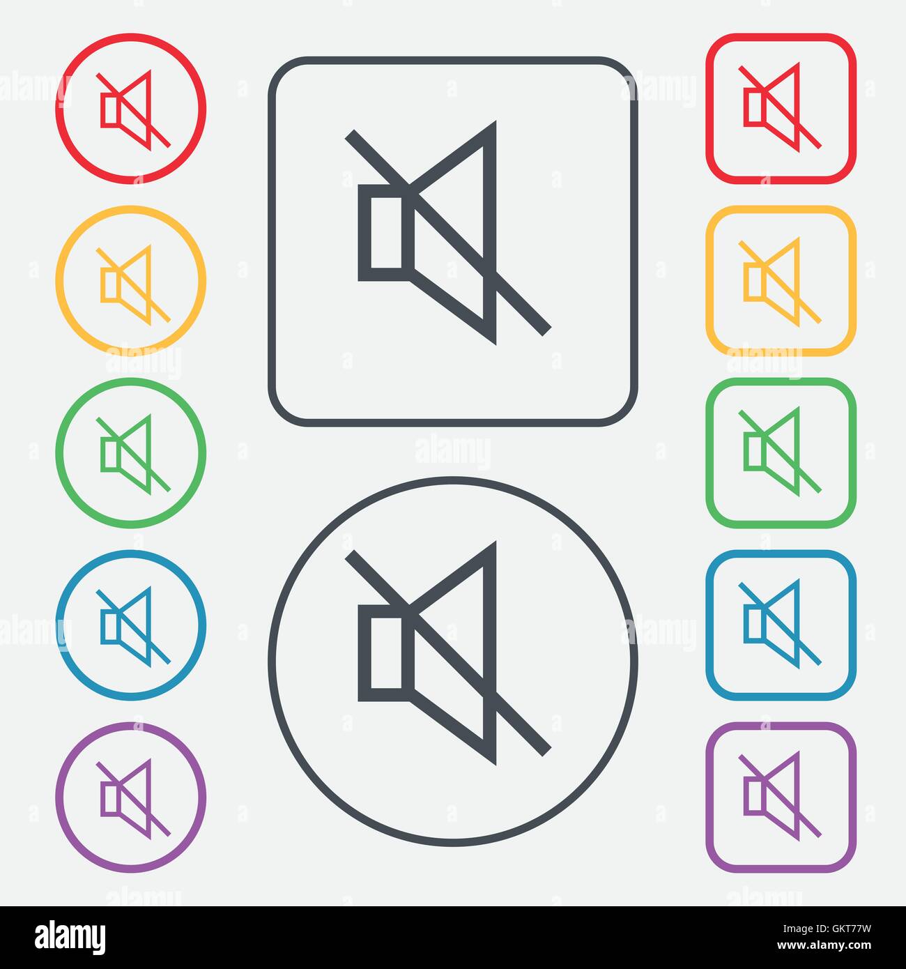 ohne Ton stumm Symbol Zeichen. Symbol auf der Runde und quadratische Tasten mit Rahmen. Vektor Stock Vektor