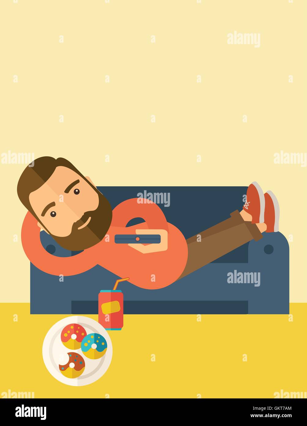 Mann liegt auf dem Sofa mit einer Fernbedienung. Stock Vektor