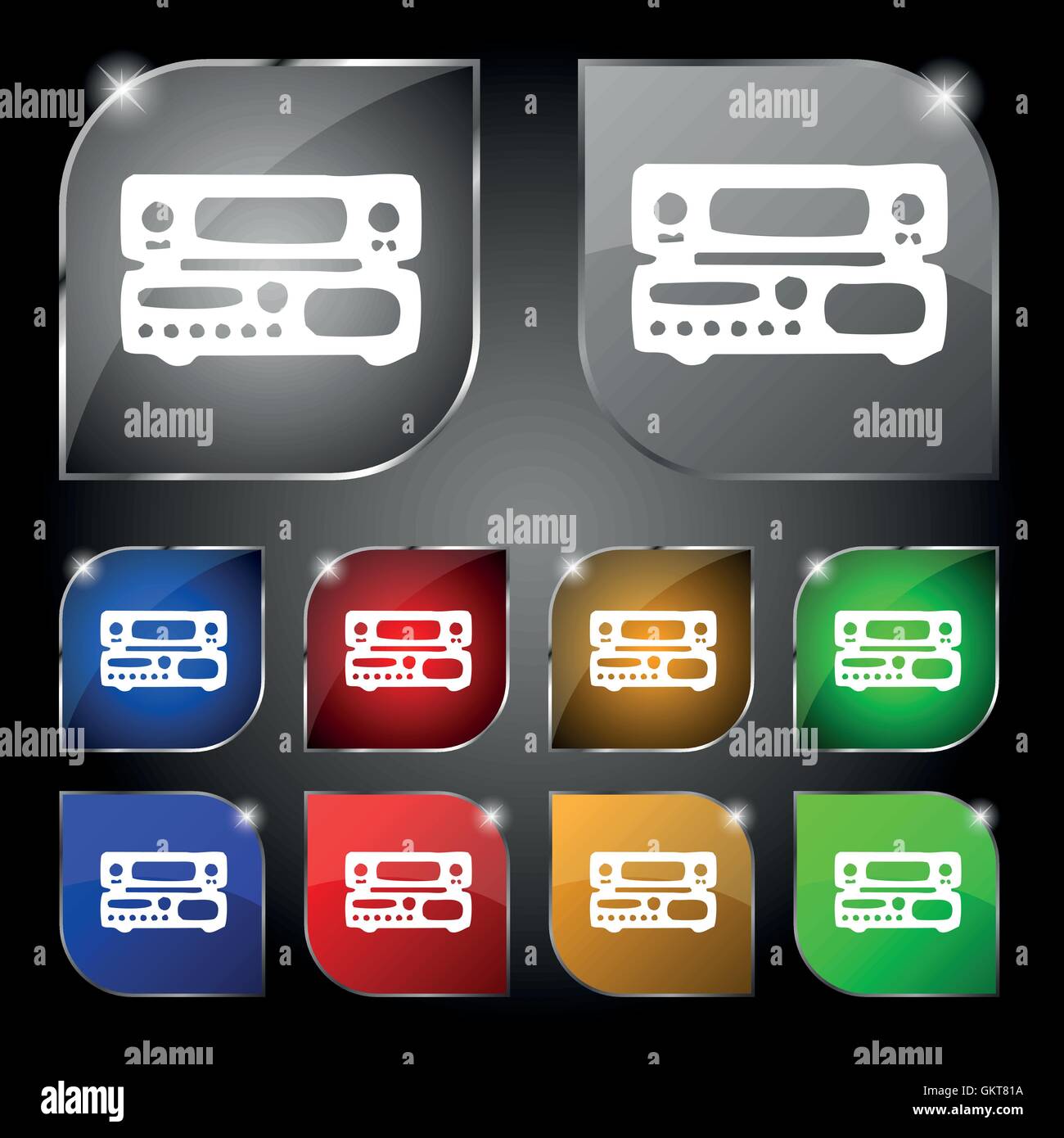 Radio, Receiver, Verstärker Symbol Zeichen. Satz von zehn bunte Knöpfe mit Blendung. Vektor Stock Vektor