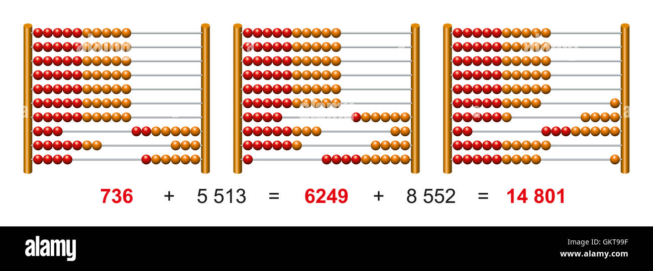 Europäischen Abakus zählen Frame Beispielrechnung. Werkzeug mit Perlen aufschieben Drähte berechnen. Stockfoto