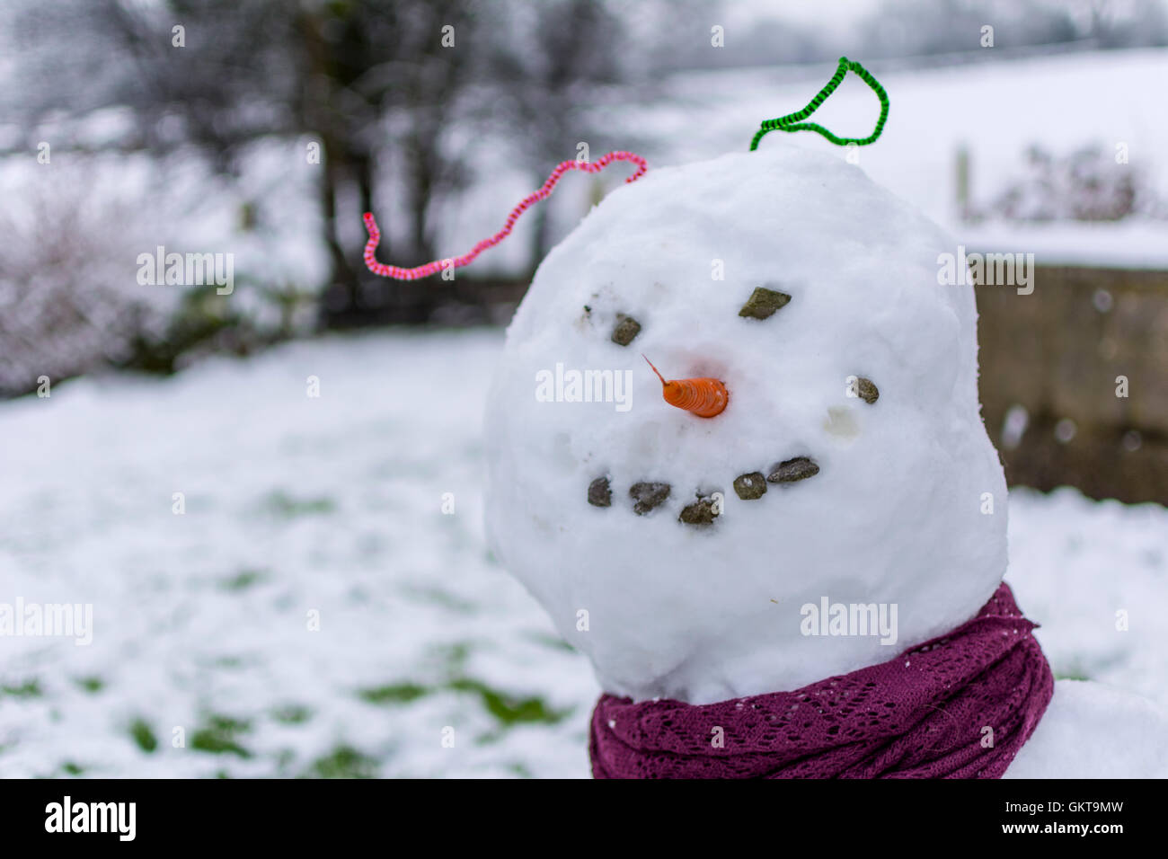 Eine glückliche Schneemann mit rosa und grünen Pfeifenreiniger Haar und eine Karotte-Nase, lila Schal und Steinen für Augen und Mund Stockfoto