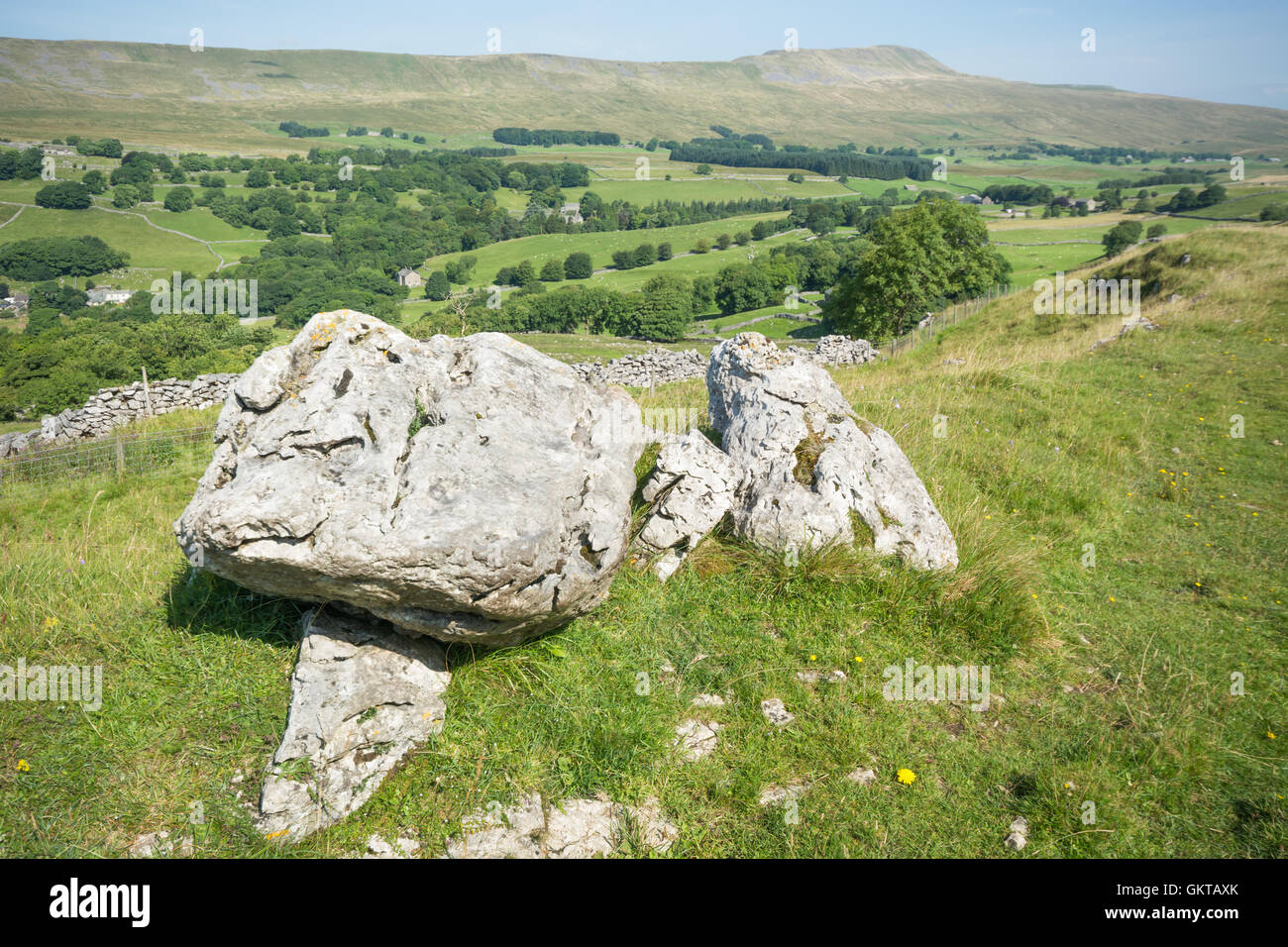 Kalkstein-Felsen und einen Blick auf Whernside in Yorkshire Dales Stockfoto