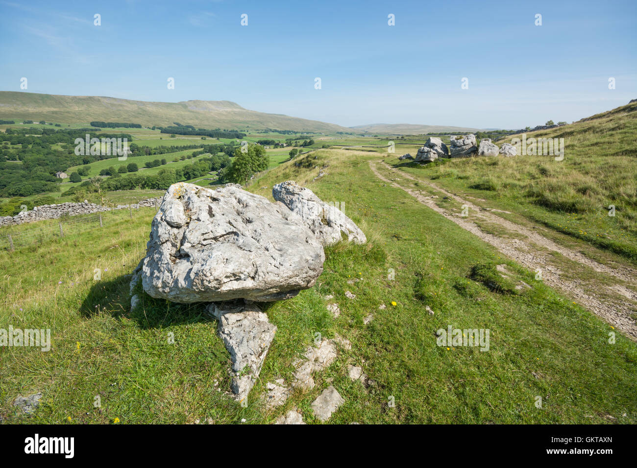 Kalkstein-Felsen und einen Blick auf Whernside in Yorkshire Dales Stockfoto