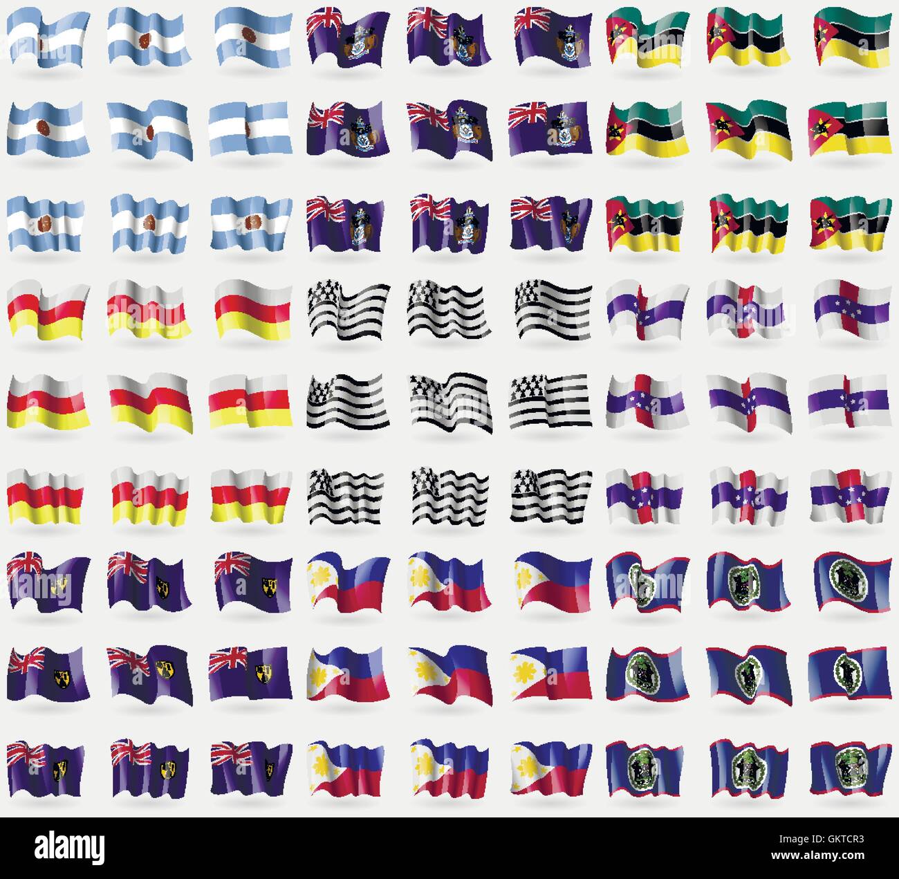 Argentinien, Tristan da Cunha, Mosambik, Nordossetien, Bretagne, Niederländische Antillen, Turks und Caicos, Philippinen, Belize. Große 81 Fahnen. Vektor Stock Vektor