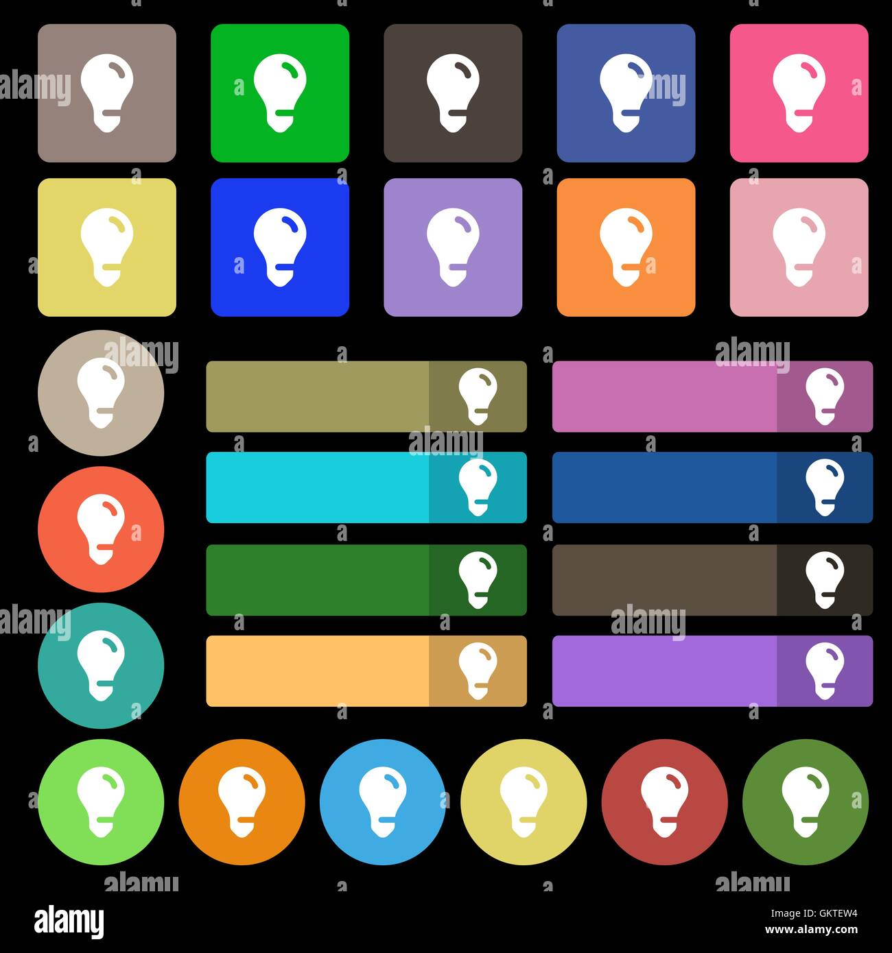Glühbirne, Idee Symbol Zeichen. Eingestellt von siebenundzwanzig mehrfarbige flache Schaltflächen. Vektor Stock Vektor