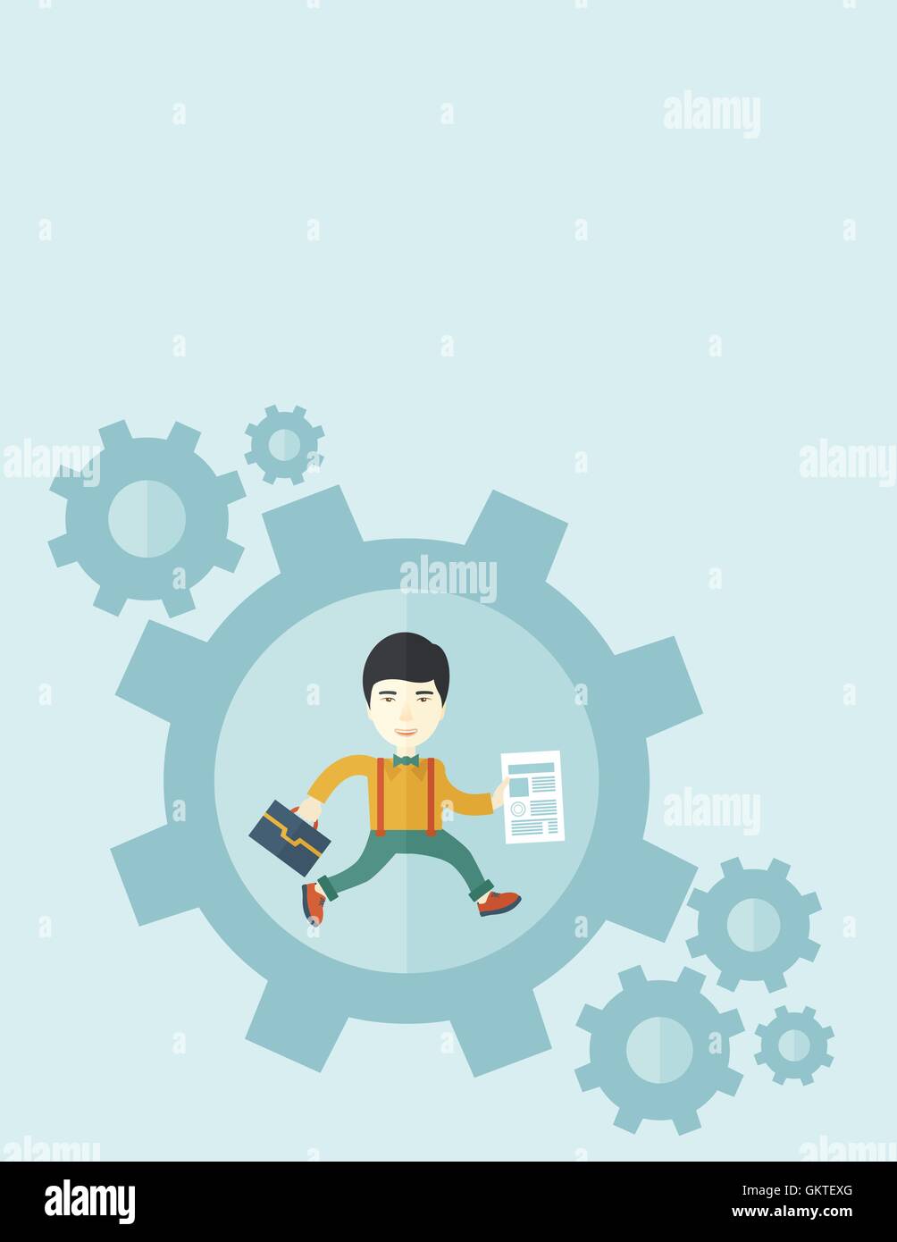 Mann trägt eine Tasche und Papier als seinen Geschäftsvorschlag innen das große Zahnrad. Stock Vektor