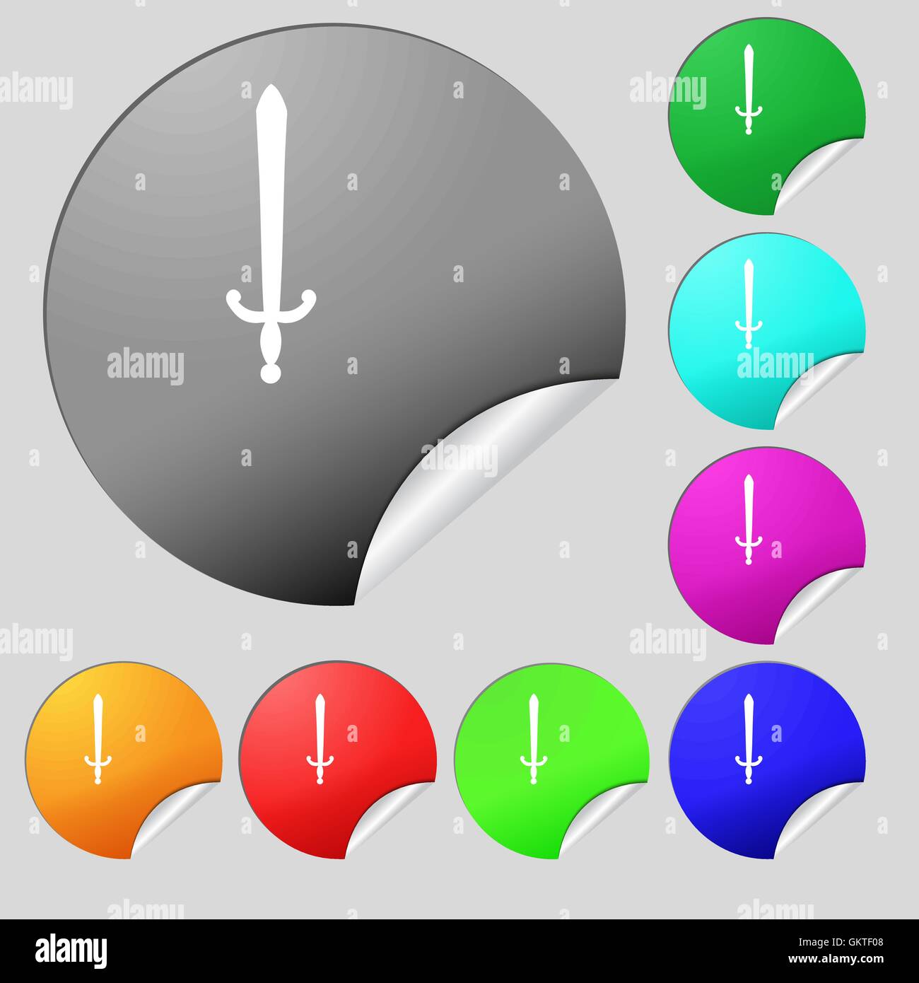 das Schwert-Symbol-Zeichen. Satz von acht Multi farbige Runde Buttons, Aufkleber. Vektor Stock Vektor