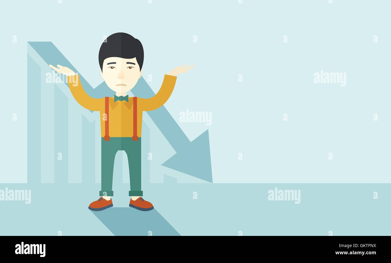 Kerl seine Arme mit Pfeil nach unten Diagramm. Stock Vektor