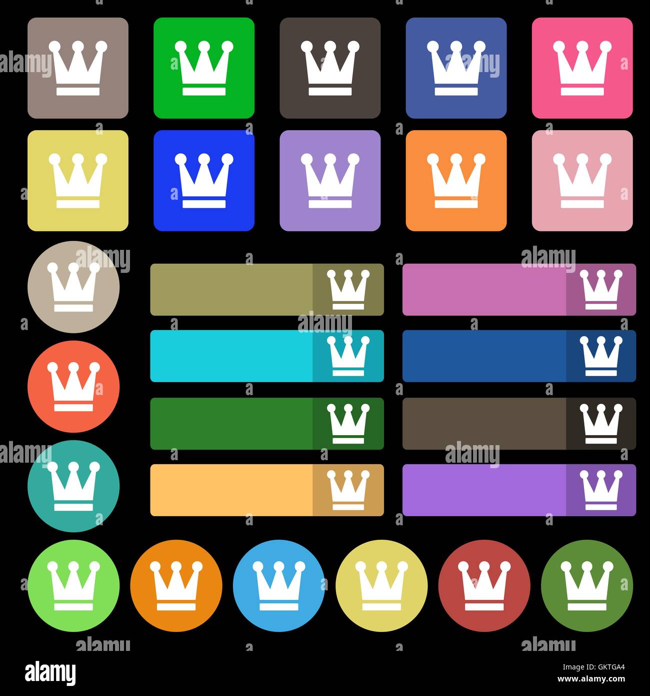 König, Krone Symbol Zeichen. Eingestellt von siebenundzwanzig mehrfarbige flache Schaltflächen. Vektor Stock Vektor