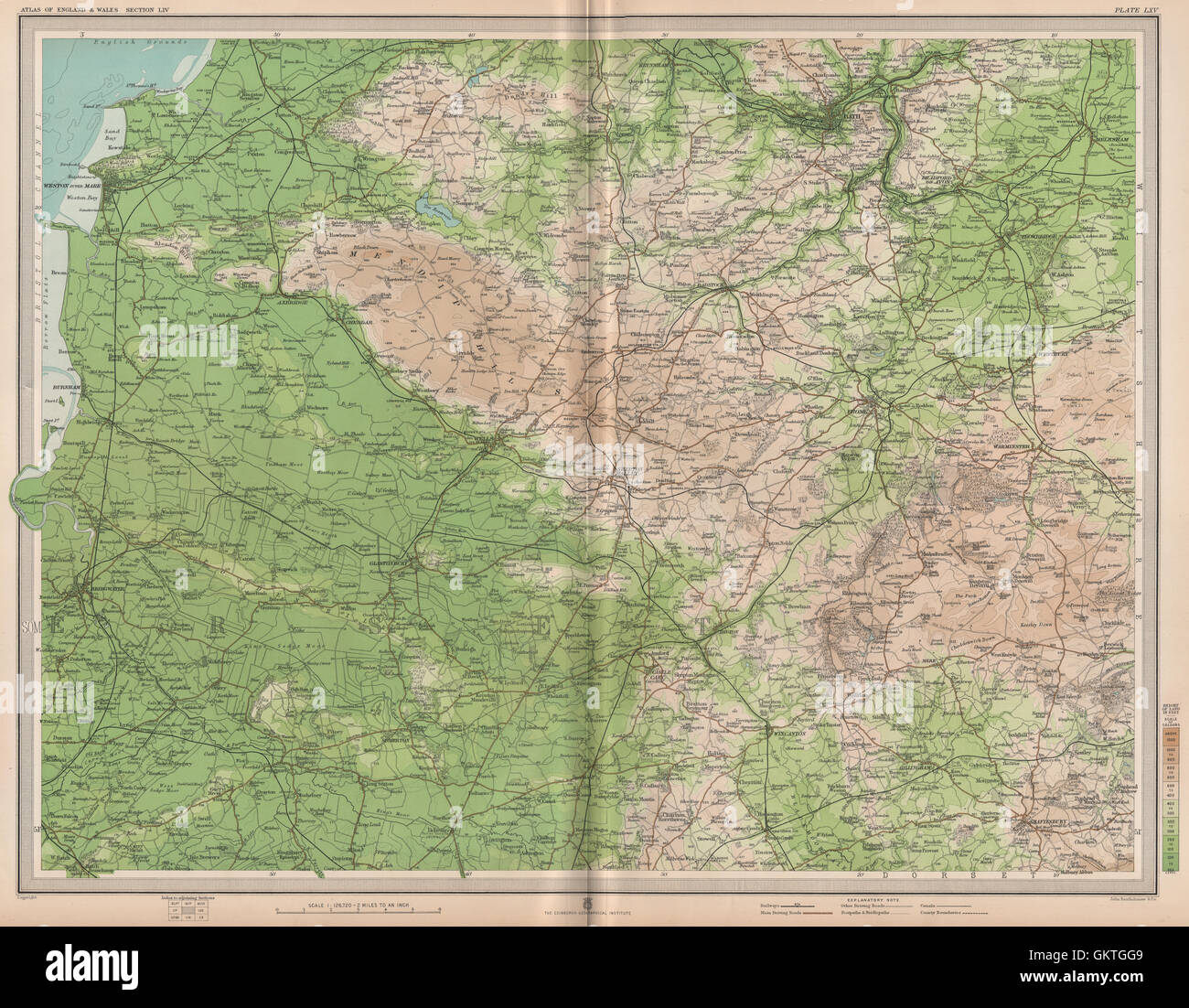 SOMERSET EAST. Bad Wells Mendip Hills Weston-super-Mare. GROßE, alte Karte von 1903 Stockfoto