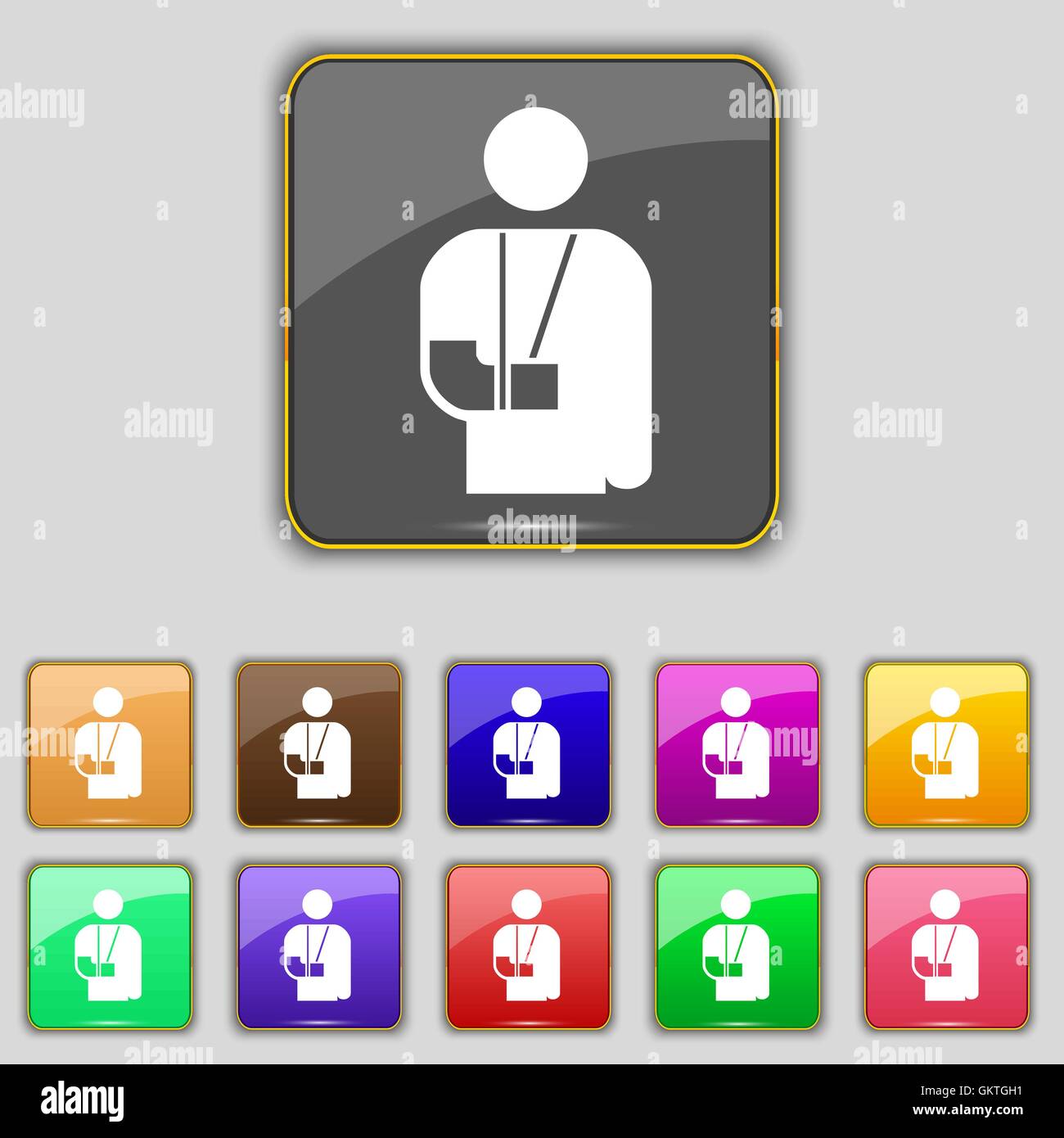 gebrochenen Arm, Behinderung Symbol Zeichen. Set mit elf farbigen Buttons für Ihre Website. Vektor Stock Vektor