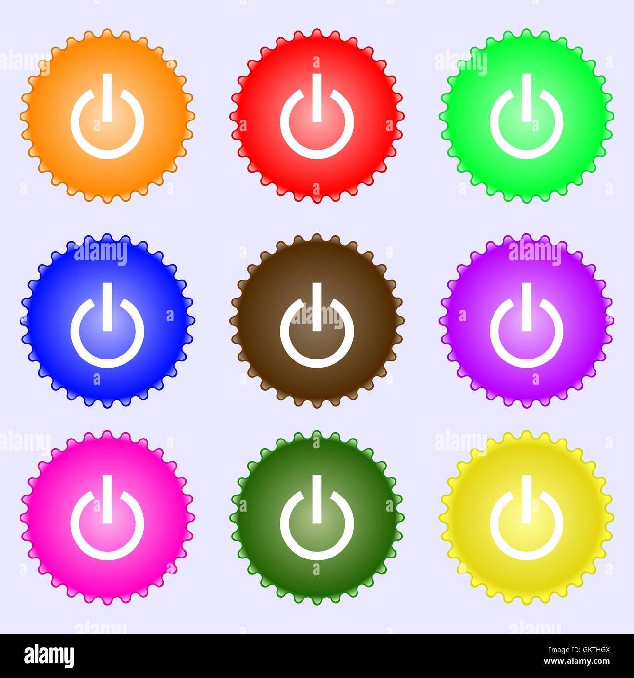 Power Symbol Zeichen. Eine Reihe von neun verschiedenen farbigen Etiketten. Vektor Stock Vektor