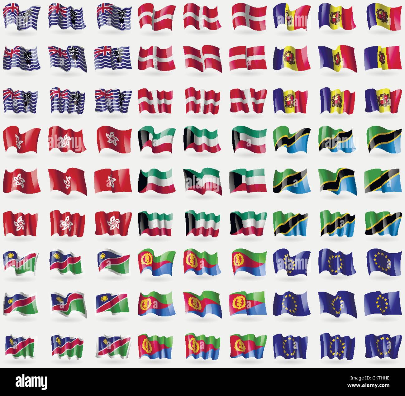 Britisches Territorium im Indischen Ozean, militärischer Orden von Malta, Andorra, Hong Kong, Kuwait, Tansania, Namibia, Eritrea, Europäische Union. Große 81 Fahnen. Vektor Stock Vektor