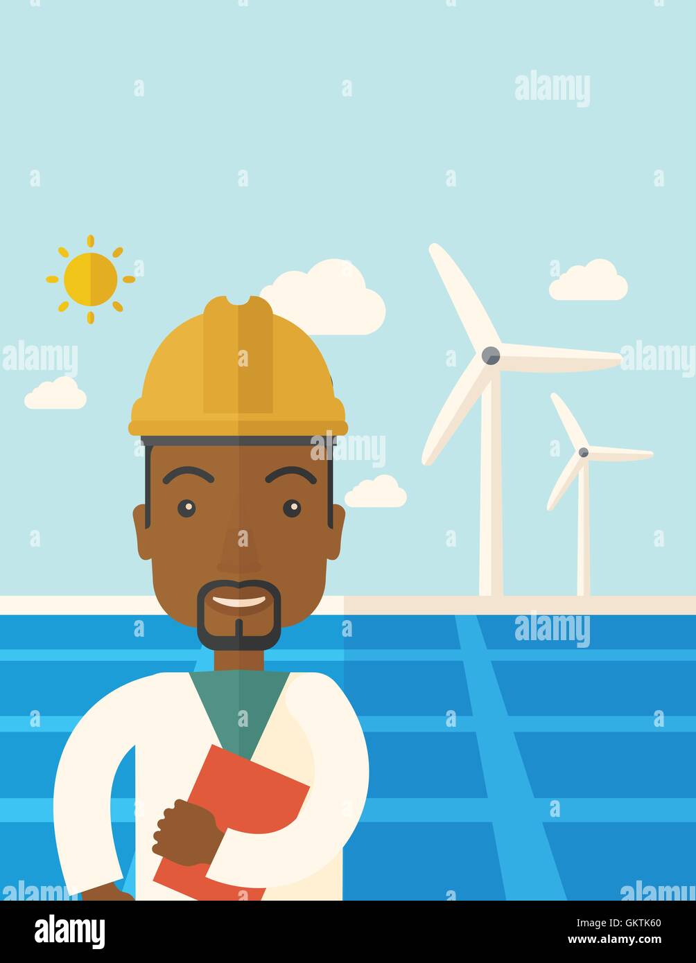 Schwarzer Mann in Solar-Panel und Windmühlen. Stock Vektor