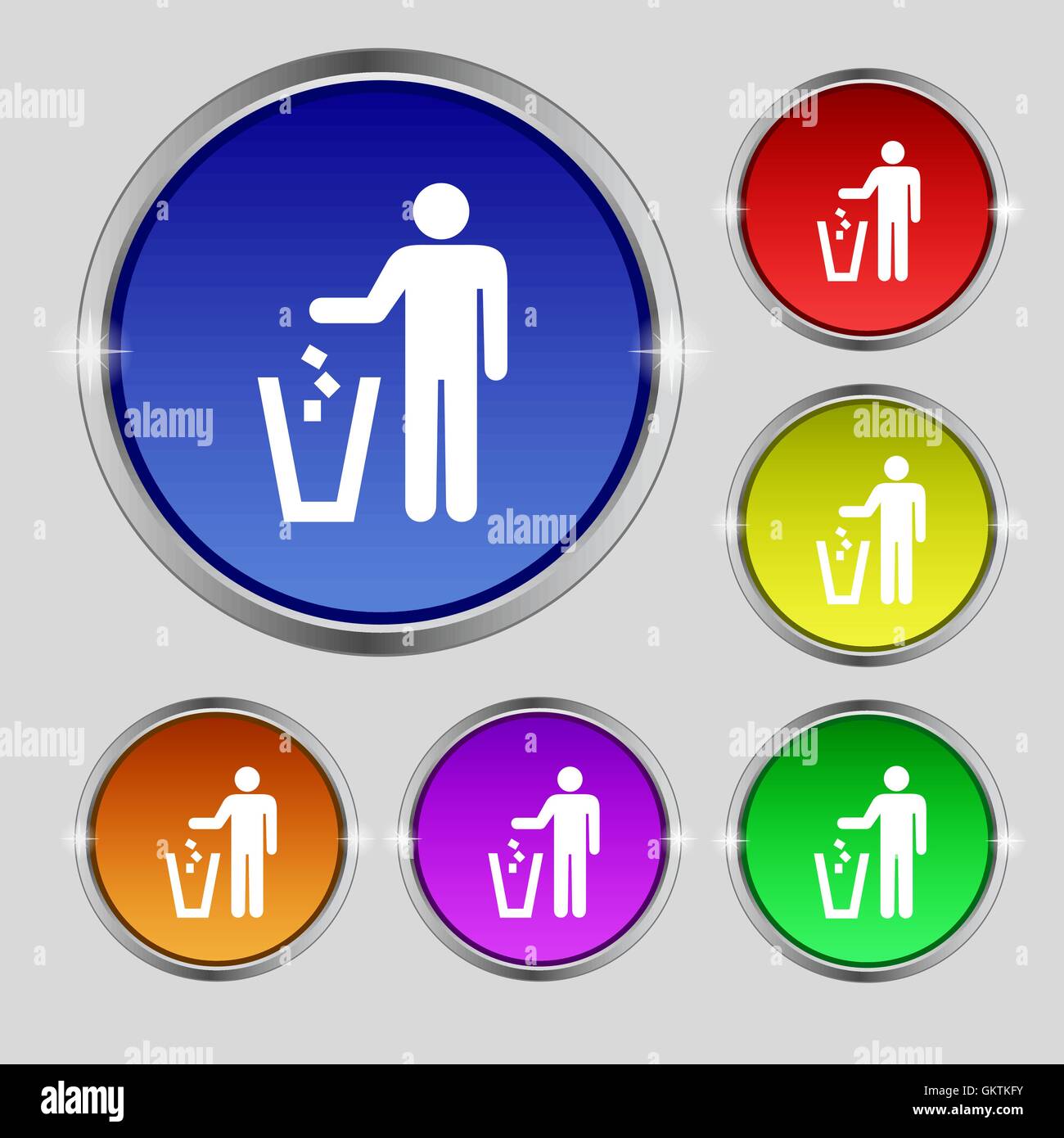 Werfen Sie die Papierkorb-Symbol-Zeichen. Rundes Symbol auf hellen bunten Knöpfen. Vektor Stock Vektor