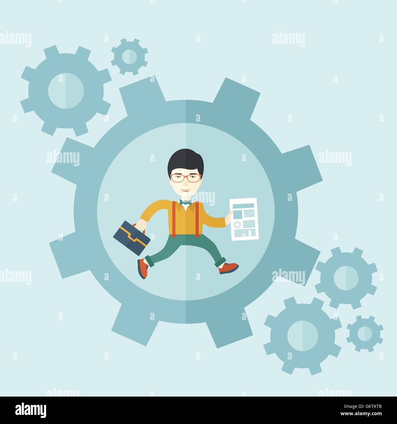 Mann trägt eine Tasche und Papier als seinen Geschäftsvorschlag innen das große Zahnrad. Stock Vektor