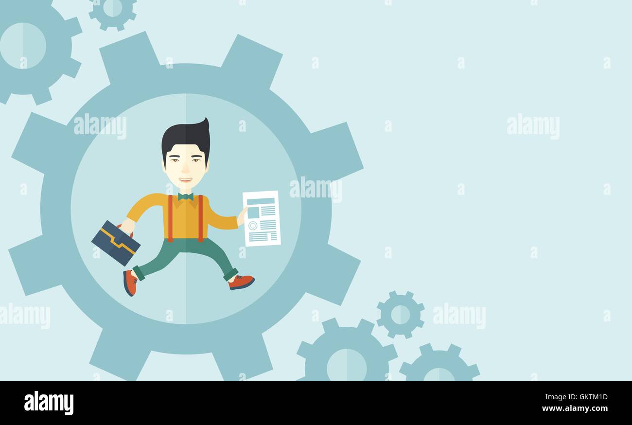 Mann trägt eine Tasche und Papier als seinen Geschäftsvorschlag innen das große Zahnrad. Stock Vektor