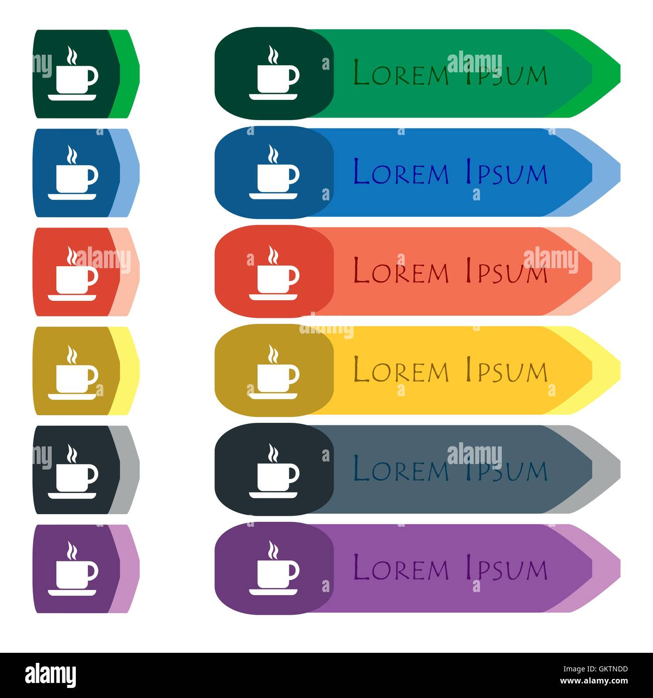 Kaffee-Symbol Zeichen. Satz von farbenfrohen, hellen langen Tasten mit zusätzlichen kleinen Modulen. Flaches design Stock Vektor