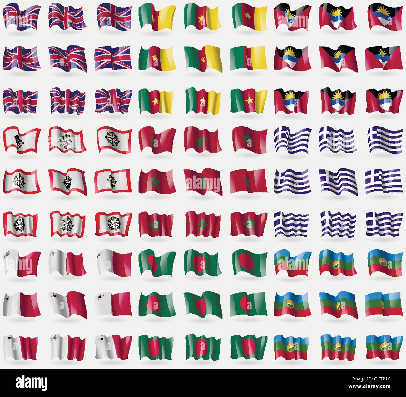 Großbritannien, Kamerun, Antigua und Barbuda, Sikkim, Marokko, Griechenland, Malta, Bangladesch, KarachayCherkessia. Große 81 Fahnen. Vektor Stock Vektor