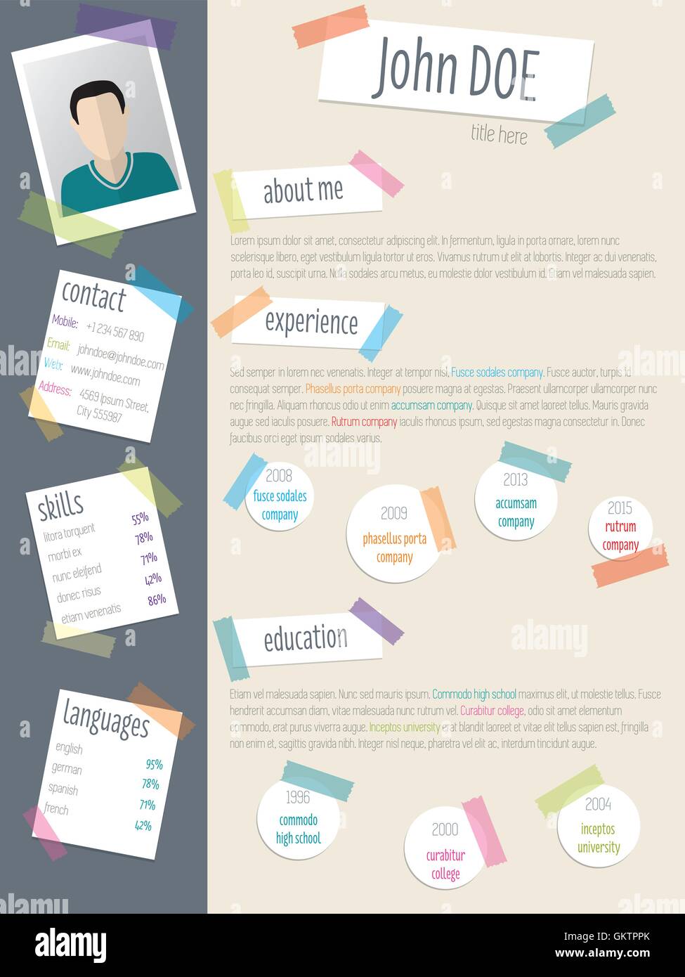 Cool Lebenslauf cv mit Post seine und Farbe Bänder Stock Vektor