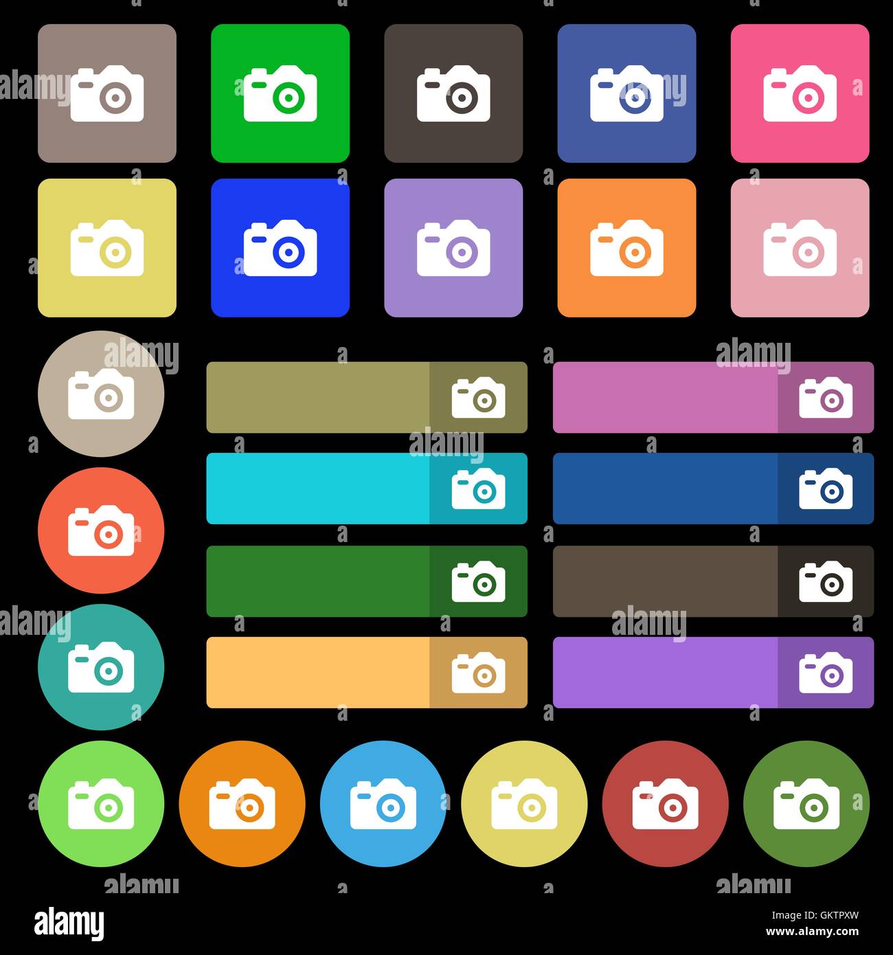 Foto Kamera Symbol Zeichen. Eingestellt von siebenundzwanzig mehrfarbige flache Schaltflächen. Vektor Stock Vektor