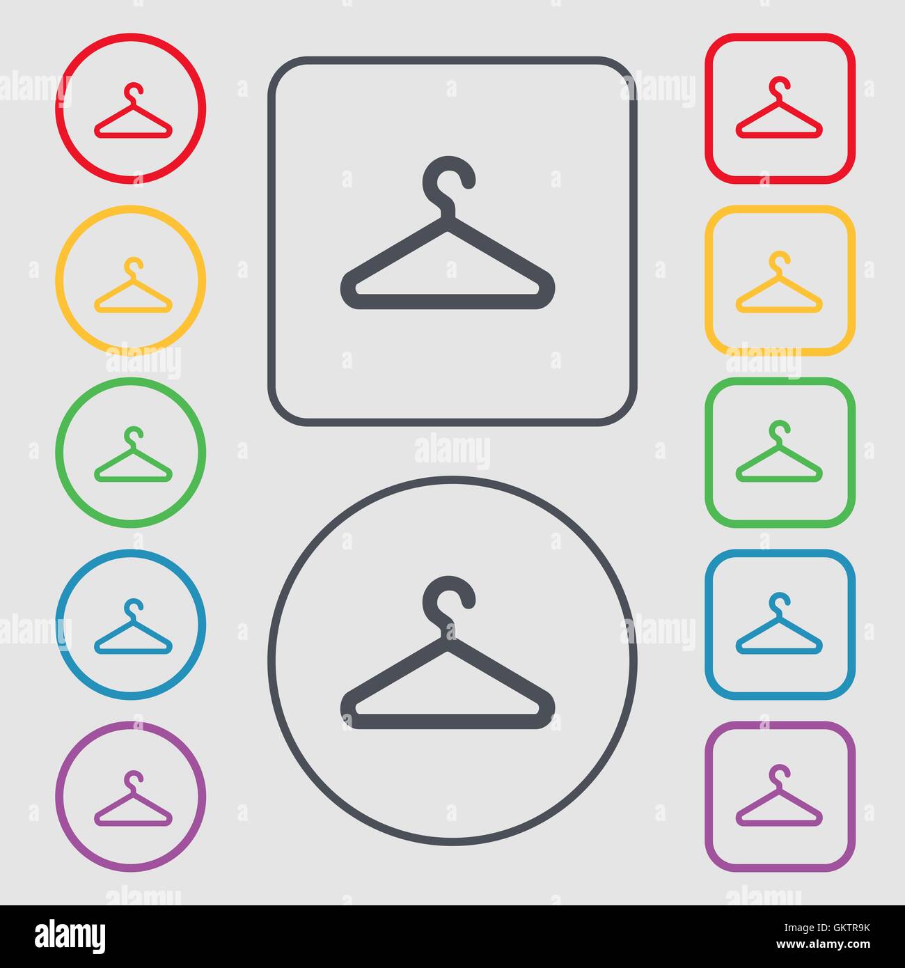 Kleiderbügel Symbol Zeichen. Symbol auf der Runde und quadratische Tasten mit Rahmen. Vektor Stock Vektor