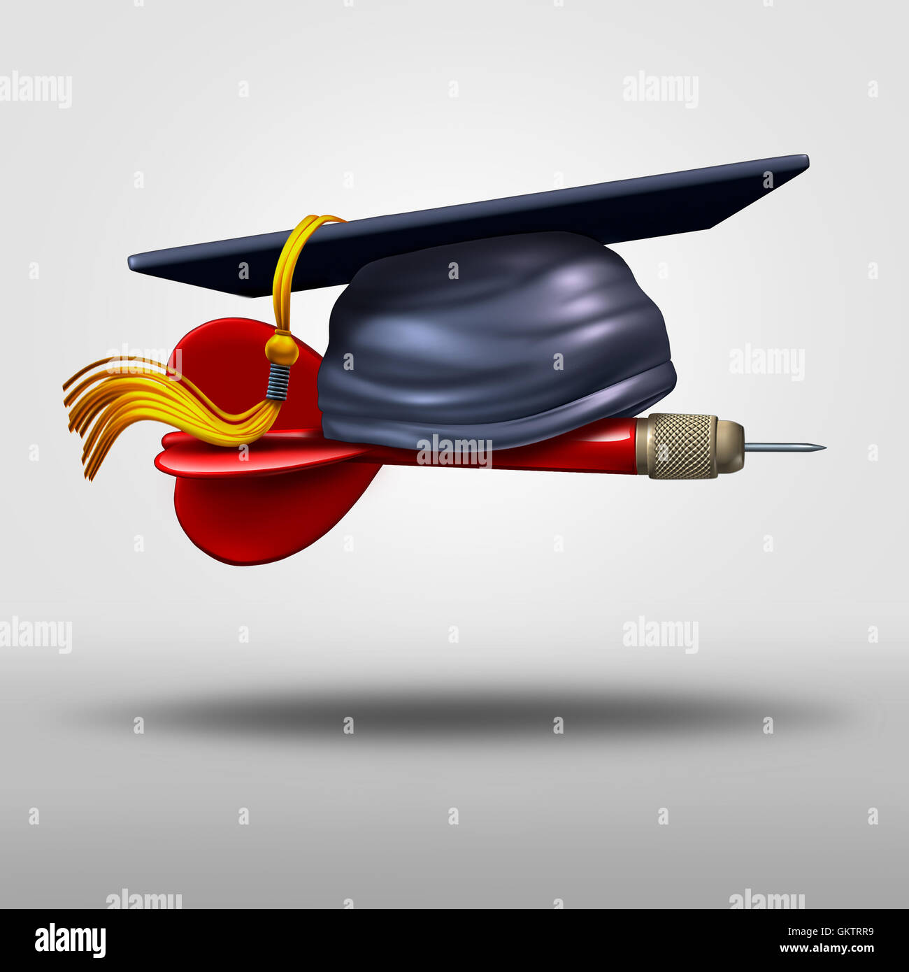 Graduierung Ziel als Schule Absolvent Mörtel Kappe auf einen fliegenden Dart als Bildung Erfolg Strategie Symbol und Metapher oder konzentrierte Schulungen Zielsymbol als 3D Illustration Konzept. Stockfoto