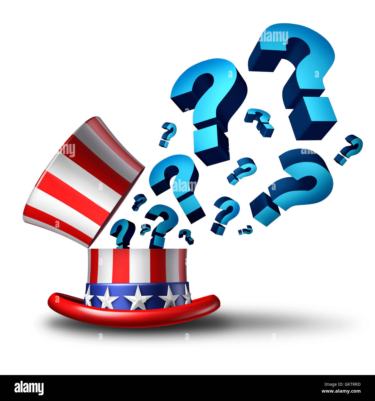 USA Wahlen Frage und amerikanische Regierung Fragen als ein 3D Illustration, Politik und Gesetzgebung Verwirrung darstellt oder einen weißen Hintergrund Entscheidung Wahl abstimmen. Stockfoto