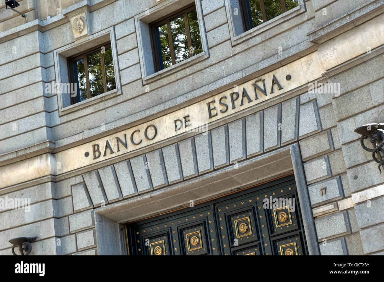 Banco De España, Banco de España Hauseingang neben Plaza De Catalunya (Katalonien), Barcelona, Spanien. Stockfoto