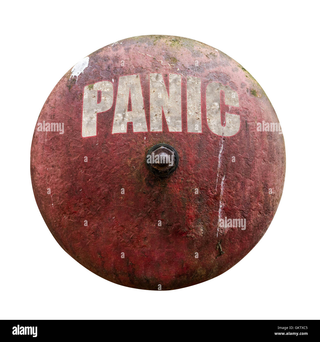 Rustikale Vintage rot Alarmglocke mit dem Wort Panik In weiß Stockfoto
